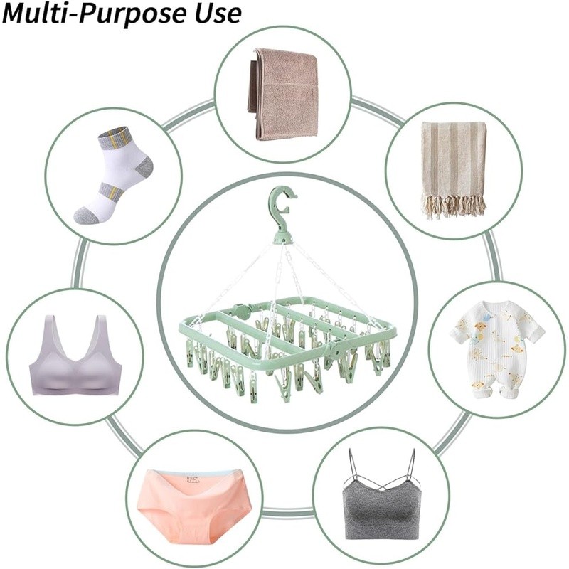 Foldable Laundry Drying Rack 32 Clips 360° Rotating Hook Portable Plastic New