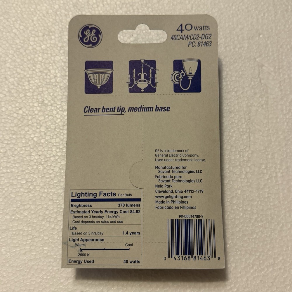 GE Light Bulbs 40Watts Bent Tip Crystal Clear Medium Base Decorative 2-pack NEW