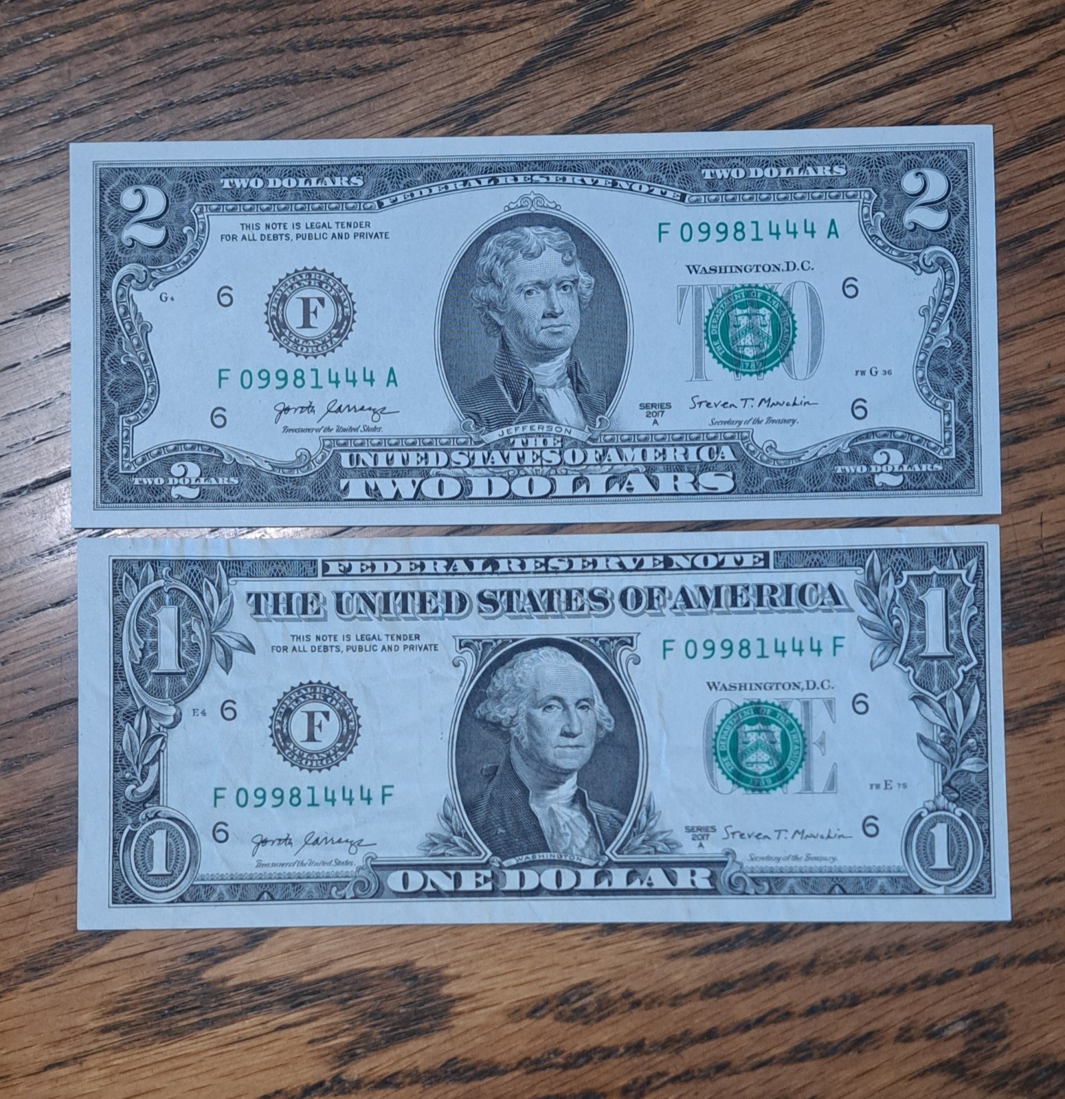 MATCHING $1 & $2DOLLAR NOTES! –SAME SERIALS -