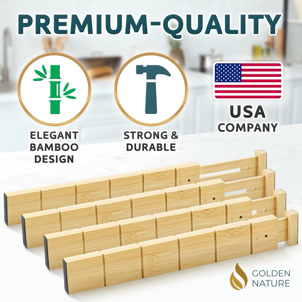Bamboo Drawer Organizer - with Inserts & Labels, 17-22" - Adjustable Spring L...