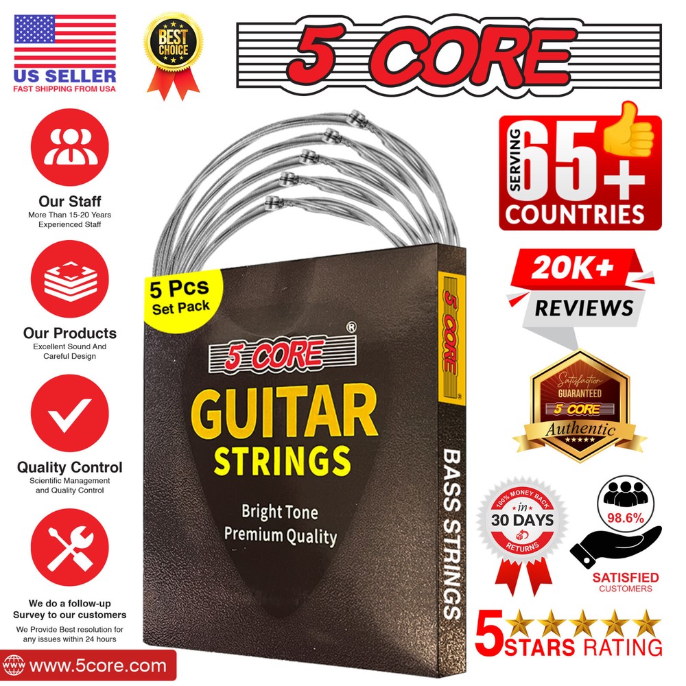 5 Core Bass Guitar Strings Extra Light Gauge Bright & Powerful Tone 6 String Set