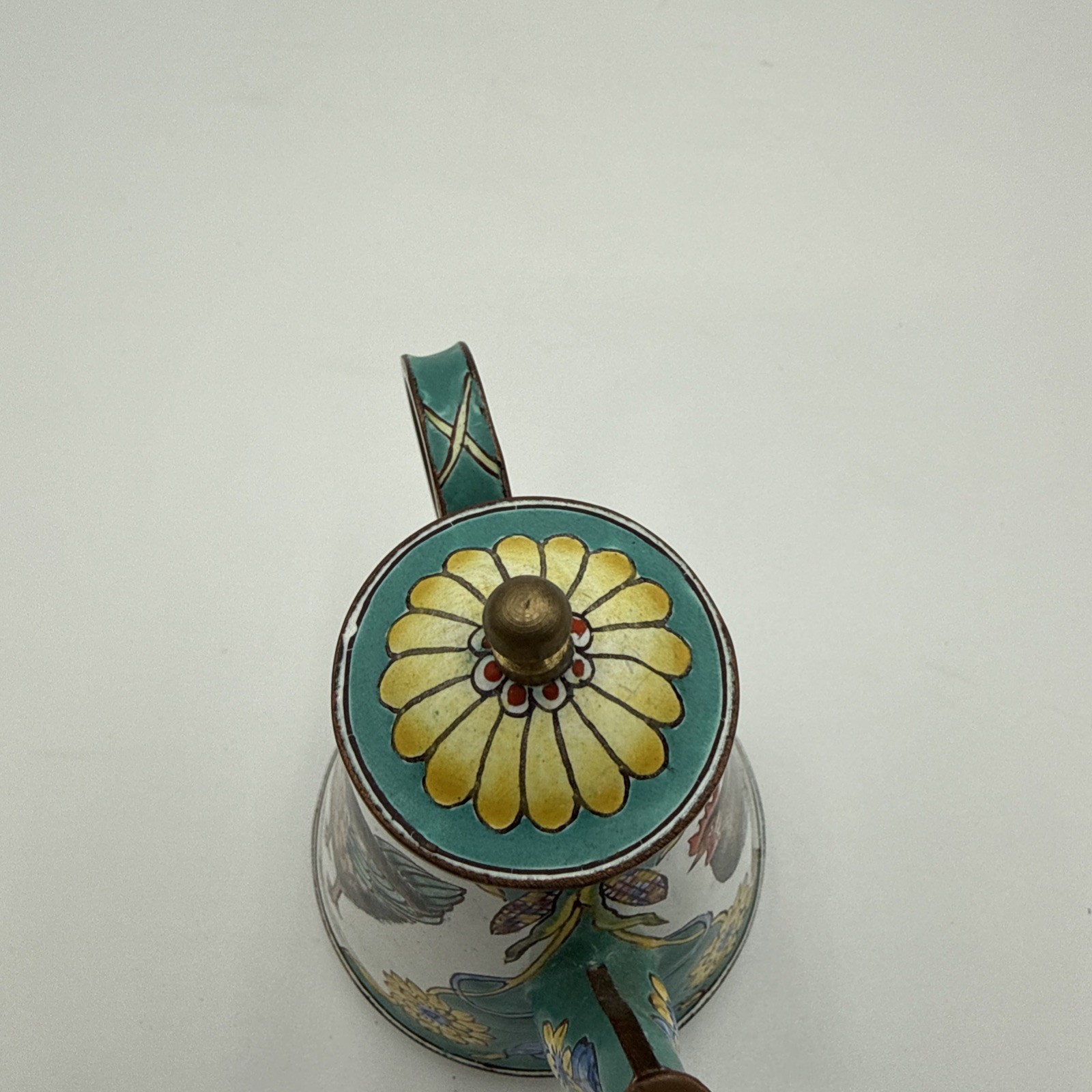 KELVIN CHEN Miniature Teapot 2000 Enameled Copper Rooster Chicken Florals #1852