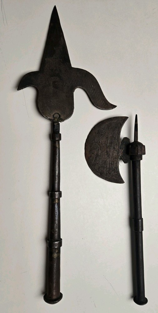 VINTAGE ELEPHANT GOAD (ANKUS) & BATTLE AXE W/ SILVER INLAY A96