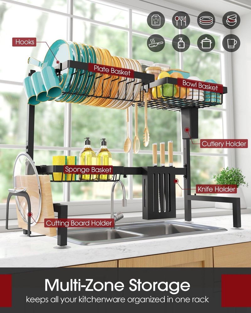 Over The Sink Dish Drying Rack - Adjustable 2 Tier Large Capacity Stainless S...