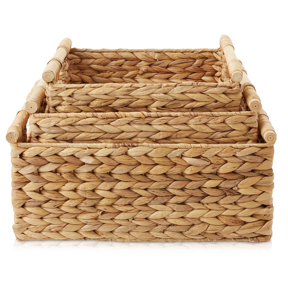 3-Piece Hyacinth Rectangular Storage Basket Set w/ Wood Handles, Natural Wicker