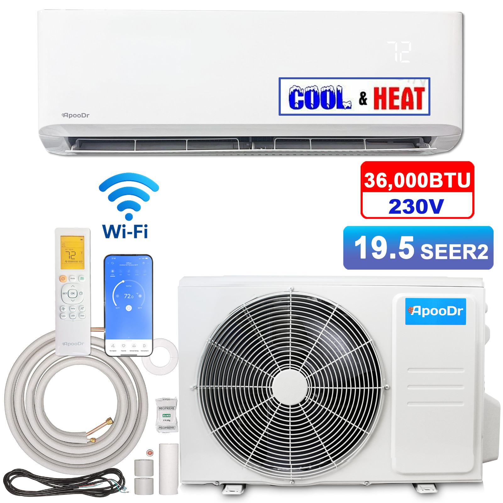 36000 BTU Mini Split 19.5 SEER2 INVERTER Air Conditioner Heat Pump AC 220V WIFI