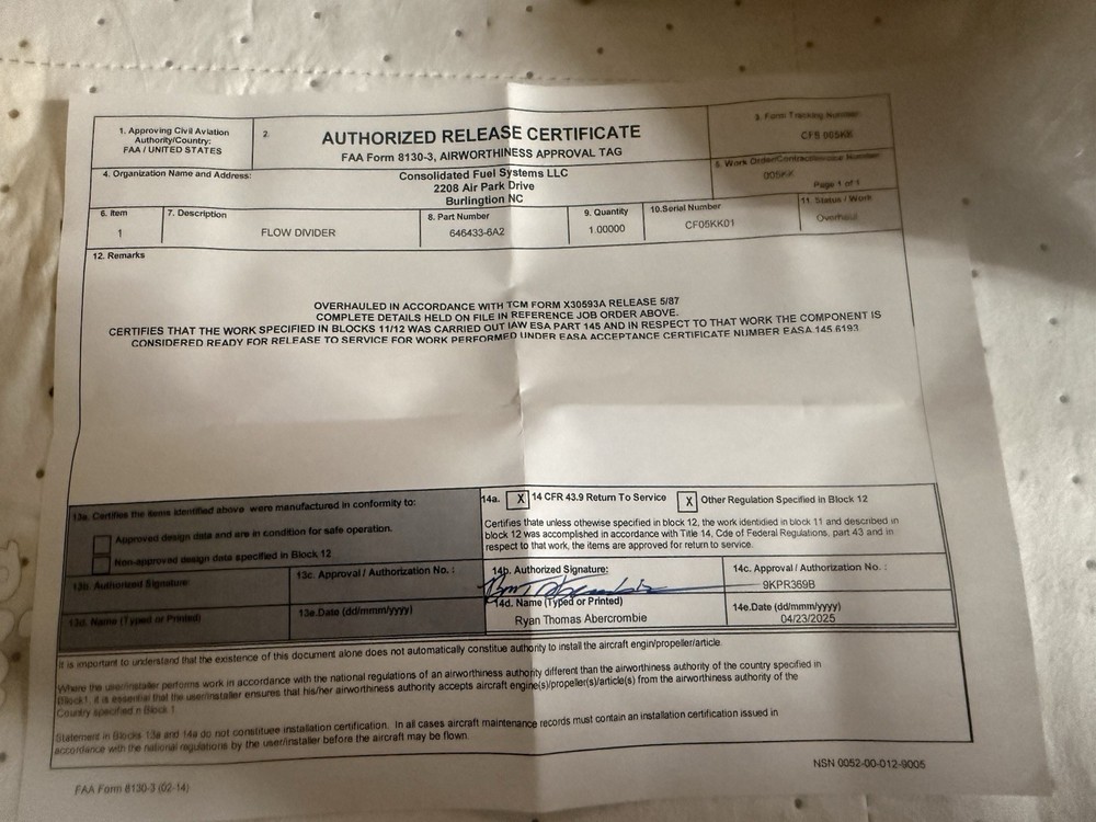 Continental 646433-6A2 IO-550 Flow Divider