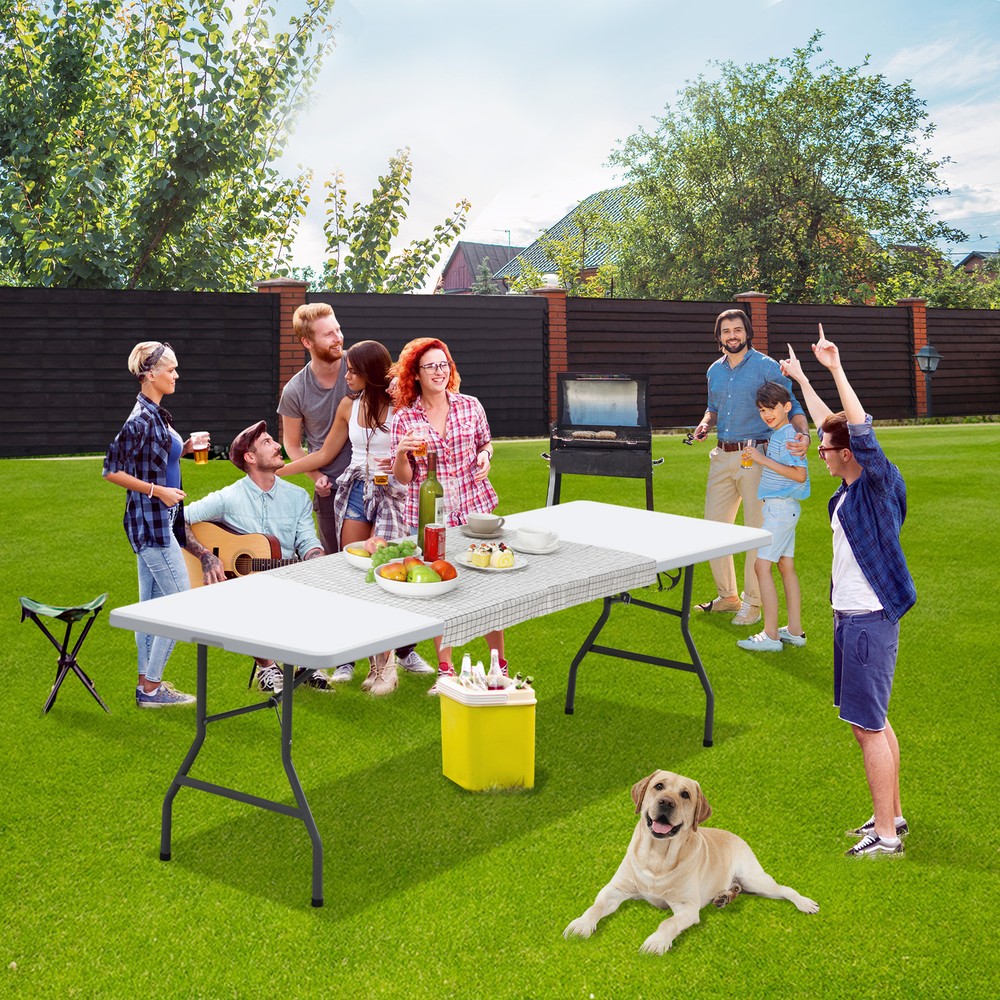 2X 8' Plastic Folding Table Picnic Party Camp Dining Fold-in-Half w/ Handle
