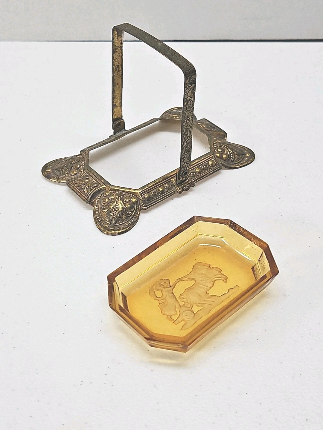 Antique Czech Amber Glass Salt Cellar Intaglio Design Ornate Brass Holder RARE