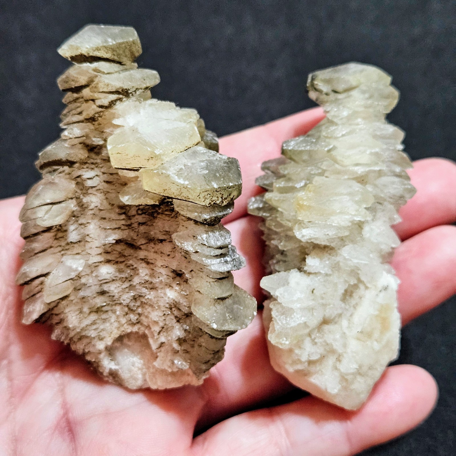 Lot Of 2 Pagoda Calcite Crystals, Step Stones With Hematite, UV Fluorescent