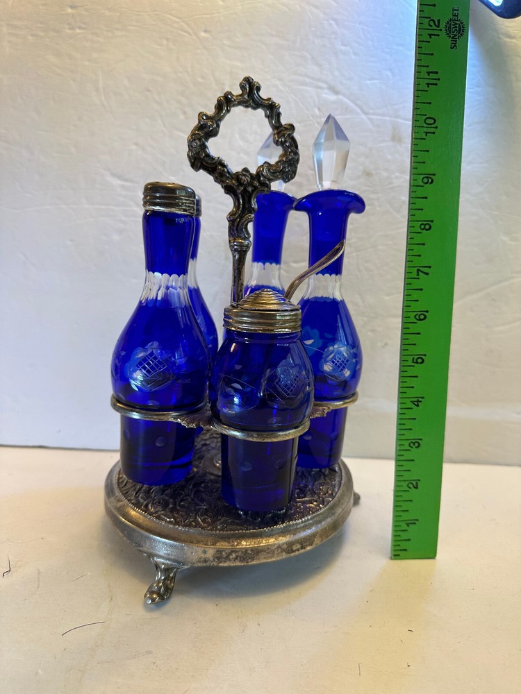 COBALT CUT TO CLEAR CONDIMENT, CASTER SET
