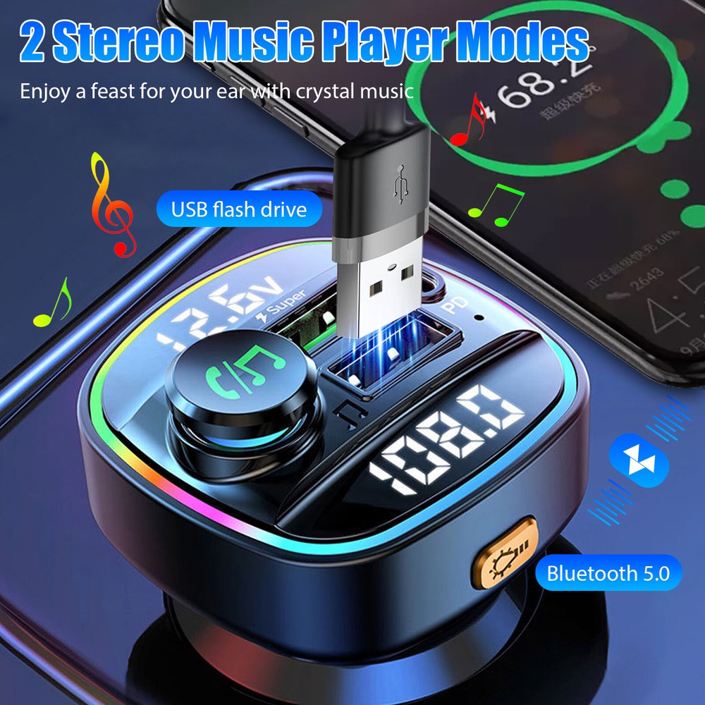 Bluetooth 5.0 Car Wireless FM Transmitter Adapter USB PD Charger AUX Hands-Free