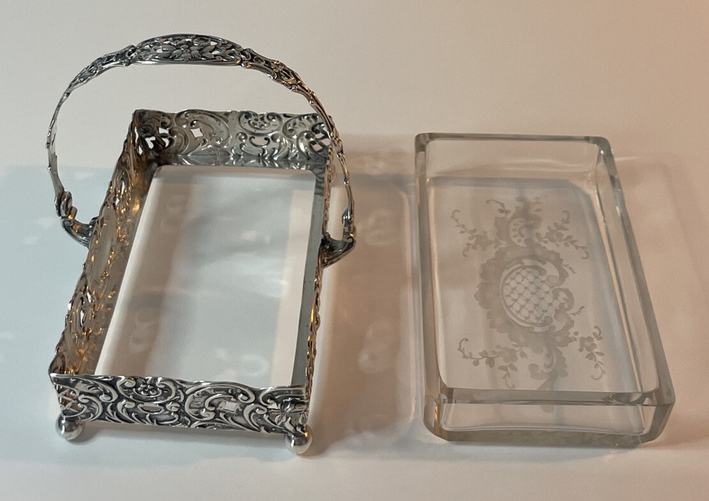 Germany Sterling Repousse Basket Etched Glass Insert Rectangular Swing Handle