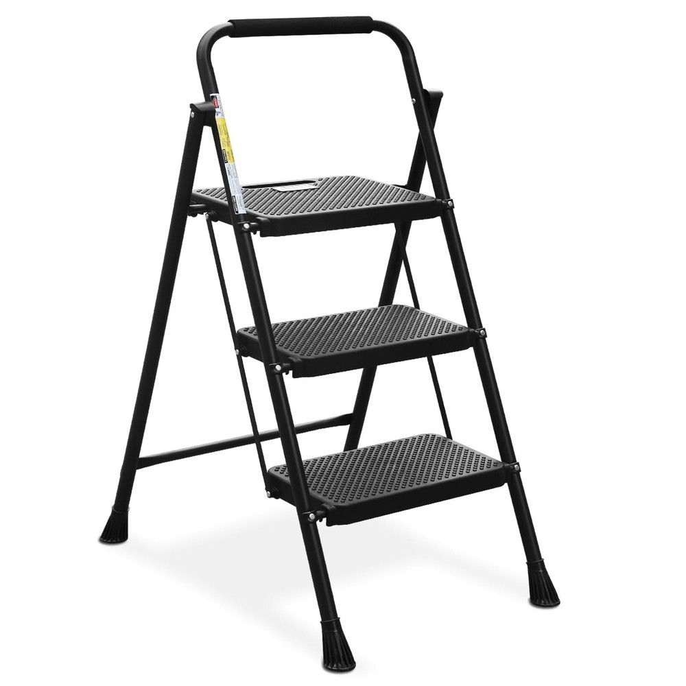 HBTOWER 3 STEP LADDER, FOLDING STEP STOOL, STURDY STEEL LADDER - BLACK