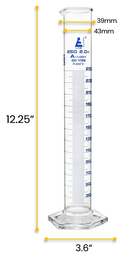 Eisco Labs 250ml Graduated Cylinder, Class A - Blue Graduations, Hexagonal Base