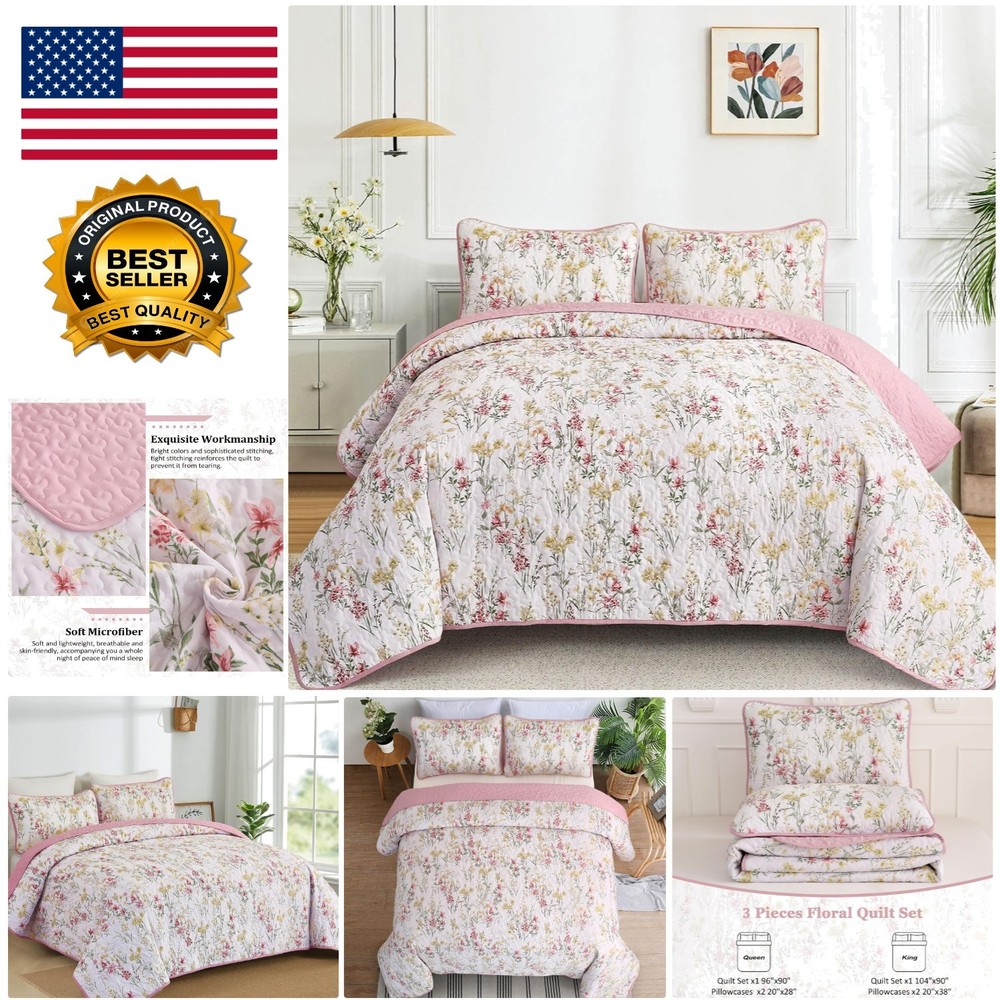 Soft Microfiber King Size Quilt Set in Pink Floral Pattern for -Round Style