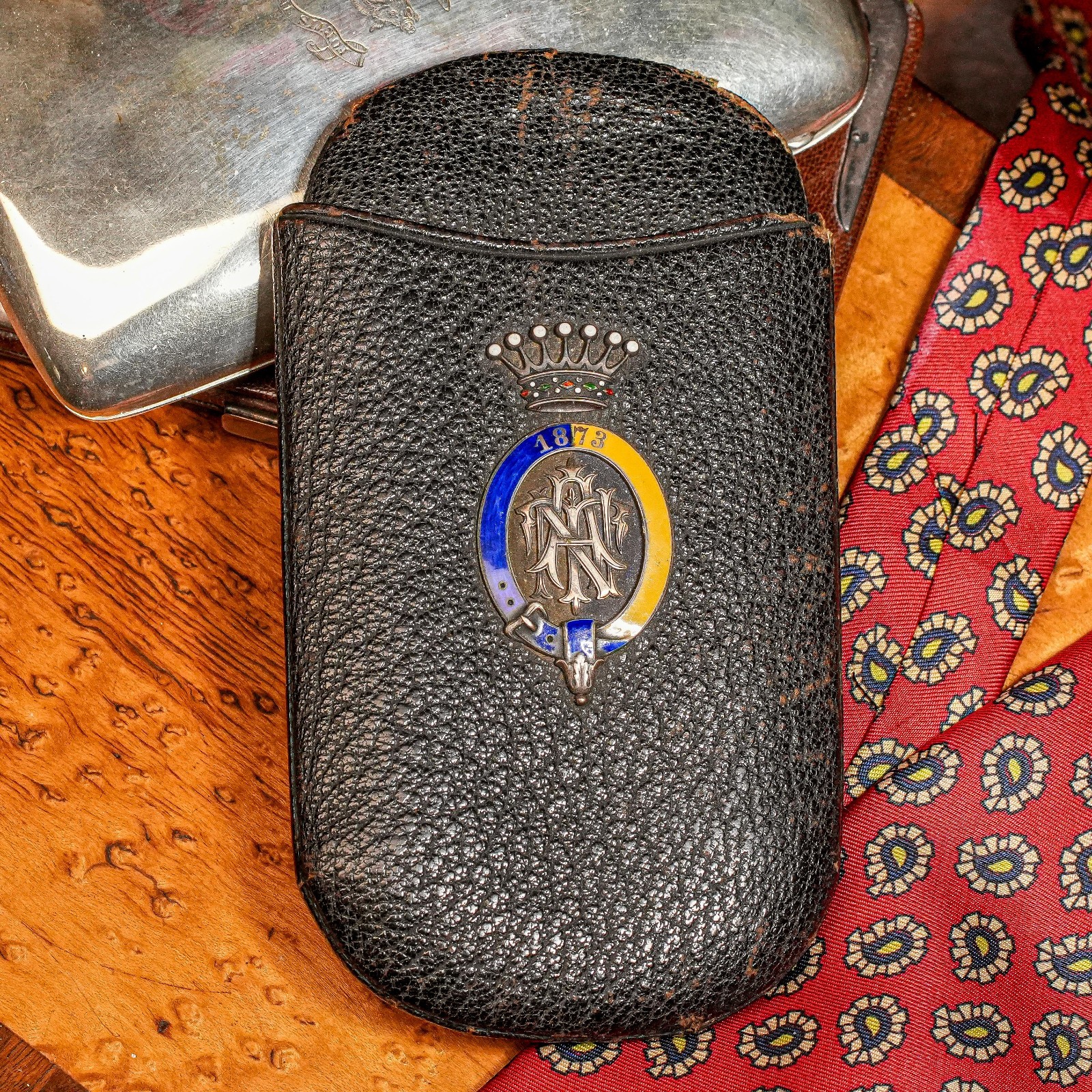 Austrian Antique Victorian Leather Cigar Case Silver Enamel Armorial Tobacciana
