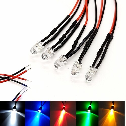 5-Colors Single LED Bulb Indicator Light Attached Pre-Wired Bright 9-12V DC 5mm