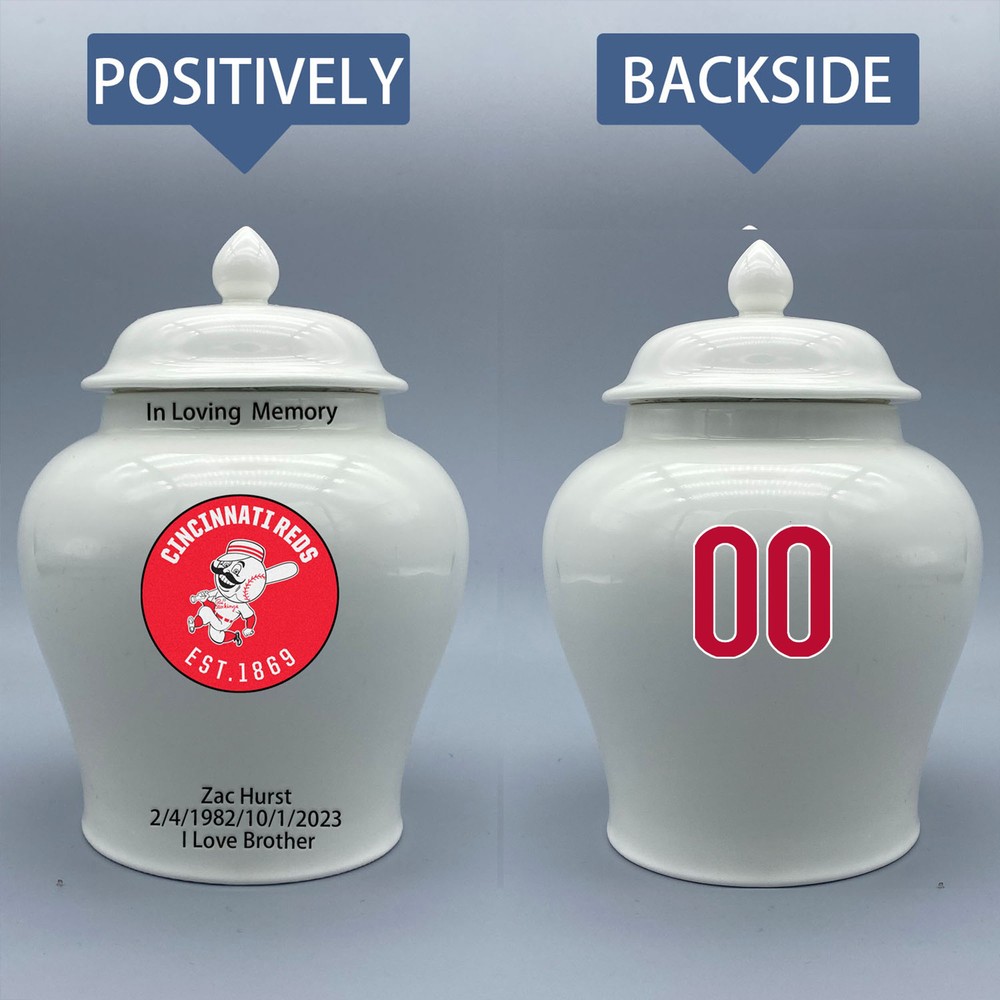 Ceramic Medium Urn for Cincinnati Reds Baseball Theme, Custom Text & Number
