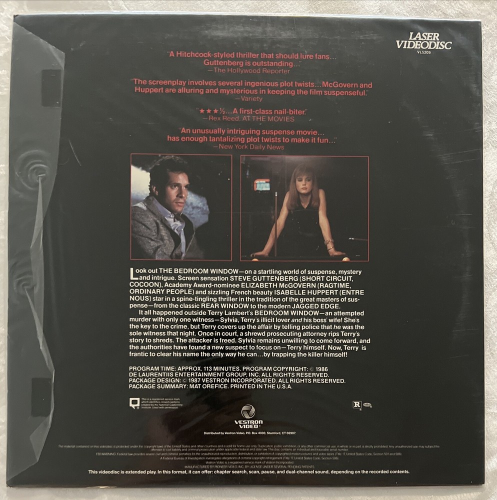 The Bedroom Window Laser Videodisc Sealed