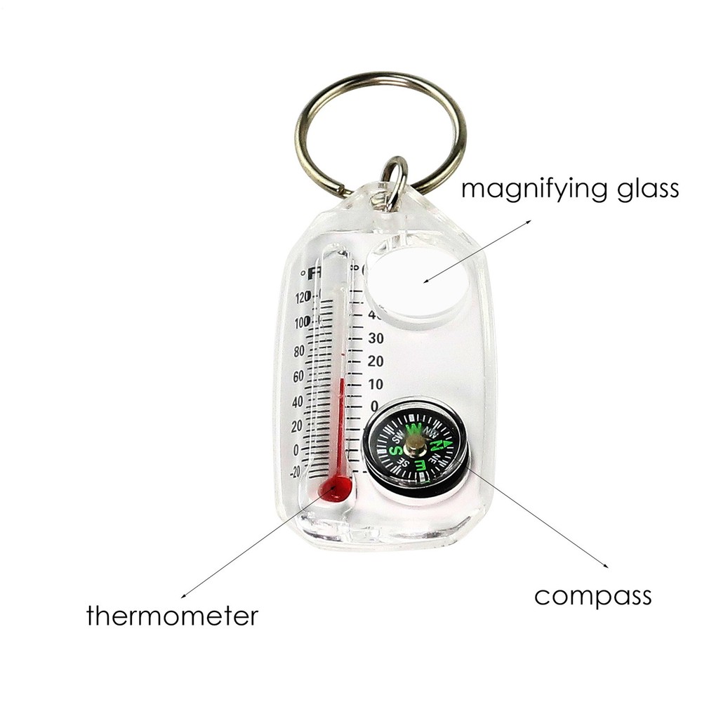 Glow-in-the-Dark Zipper Pull Compass & Thermometer Camping Survival Hanger Ring