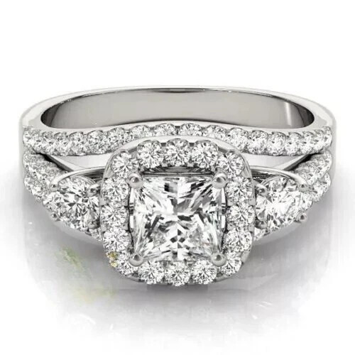 Solid 14K White Gold Moissanite Bridal Set Engagement Ring 2.50 CT Princess Cut
