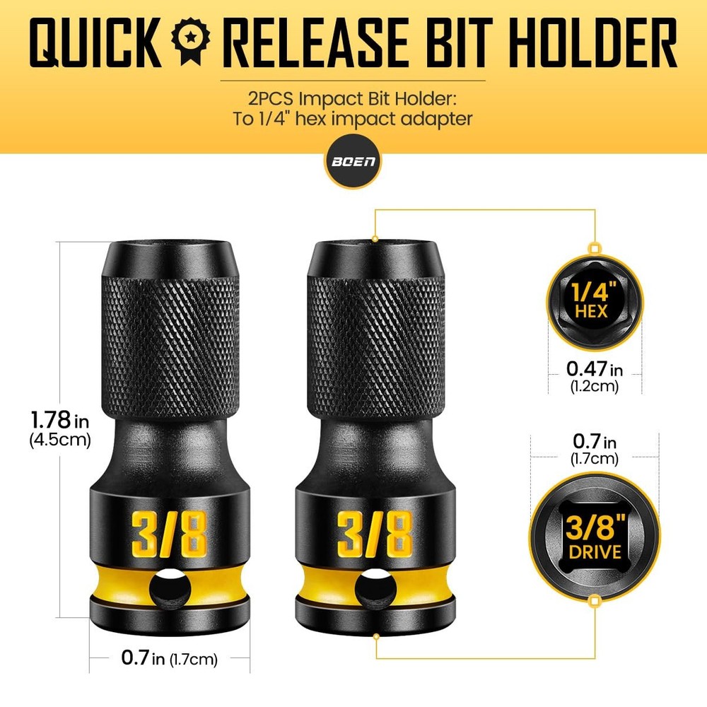 Socket Adapter 3/8-Inch to 1/4-Inch 2PCS Quick Release Impact Bit Holders