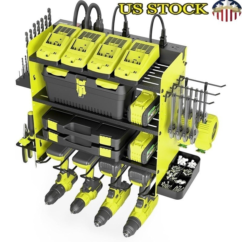 4 Layer Power Tool Organizer with 8 Outlet Charging Station & Wall Hooks Green