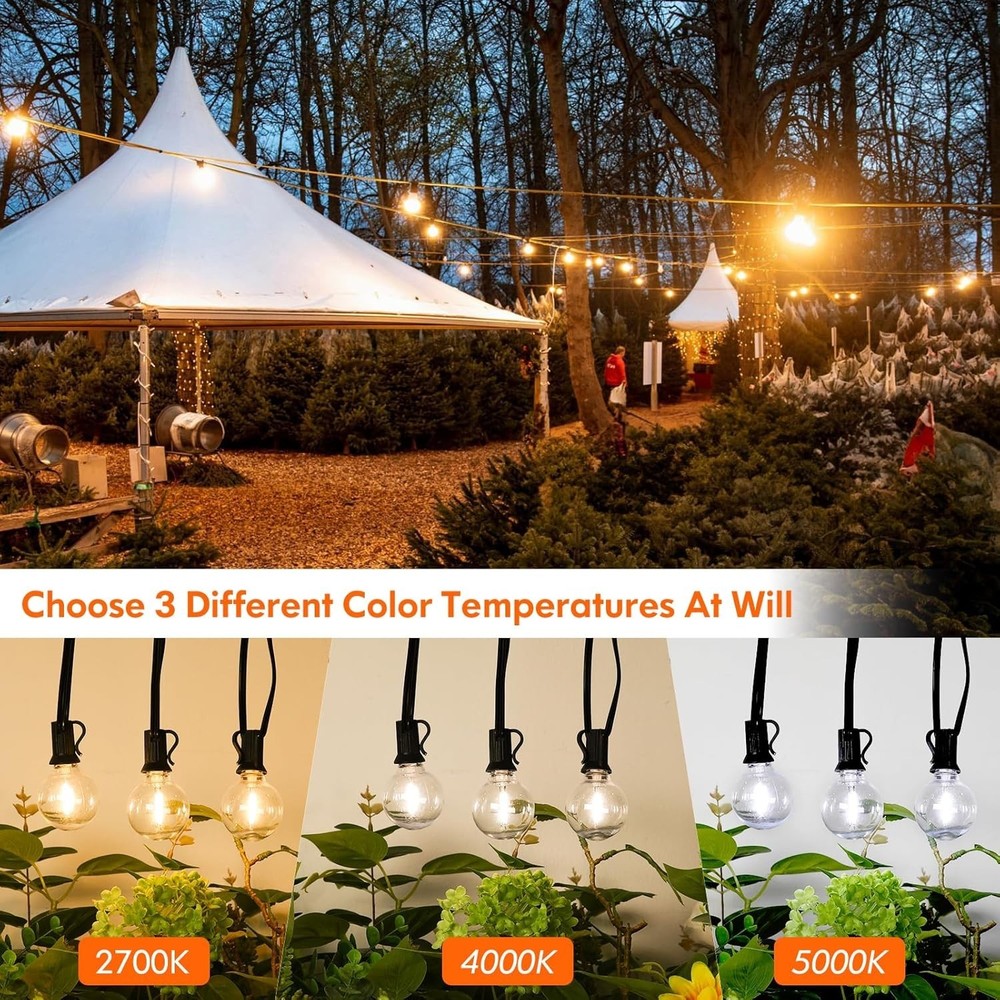 50FT Outdoor String Lights with 3 Color Lights, Dimmable G40 Globe String Lig...