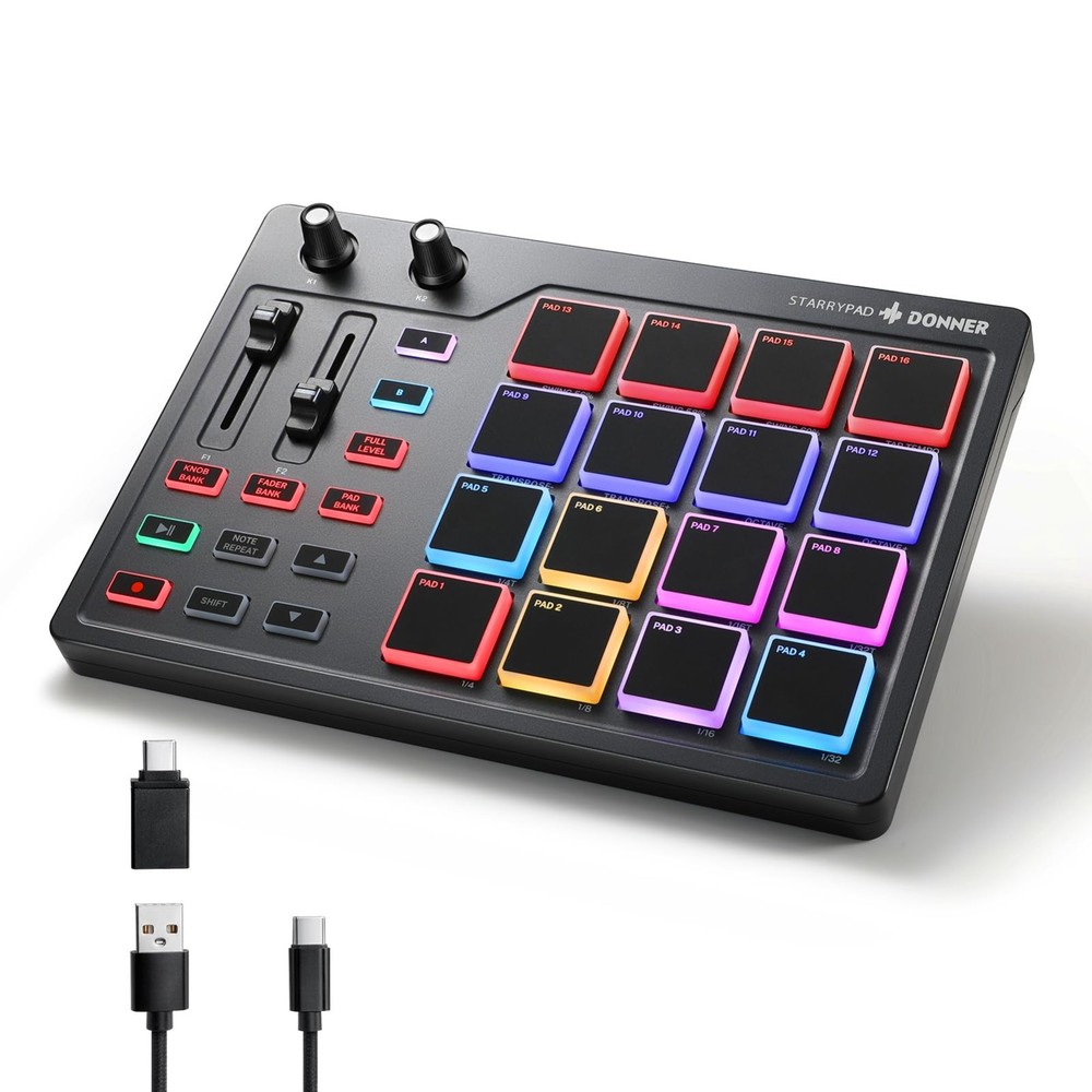 MIDI Pad Beat Maker Drum Machine with 16 Pads, Faders, Knobs & Software - USB Co