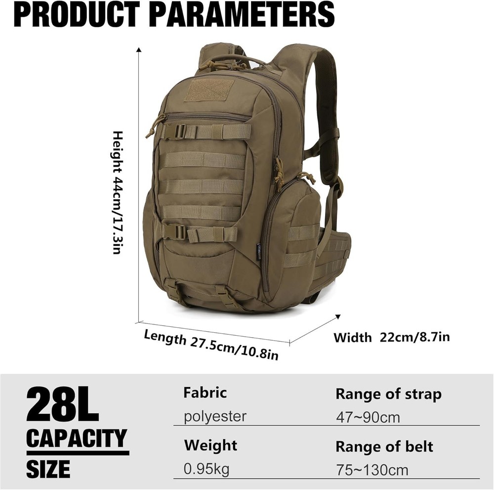 Lightweight 28L Tactical Molle Backpack with Hydration Compartment for Men