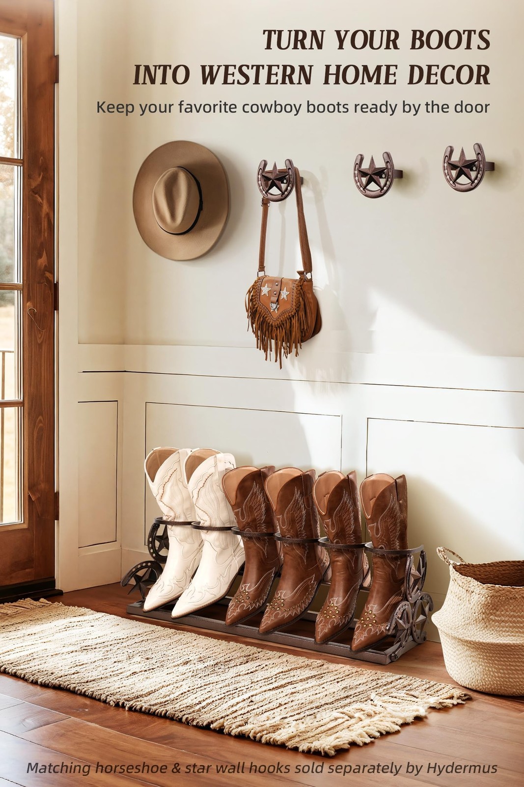 Western Horseshoe Boot Rack, 3 Pairs Freestanding Metal Boot Stand, Adjustabl...