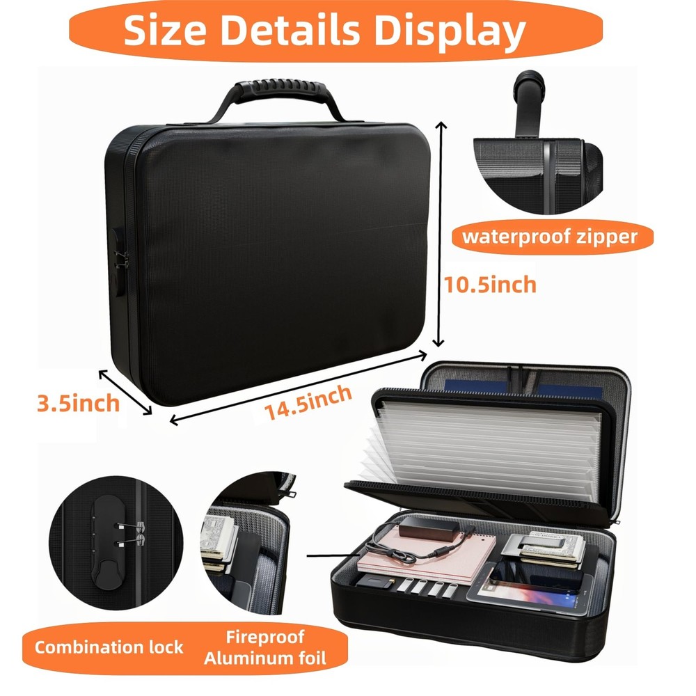 Fireproof Document Box (Soft-Shell) with Lock & 15x4.1x11 inches, black