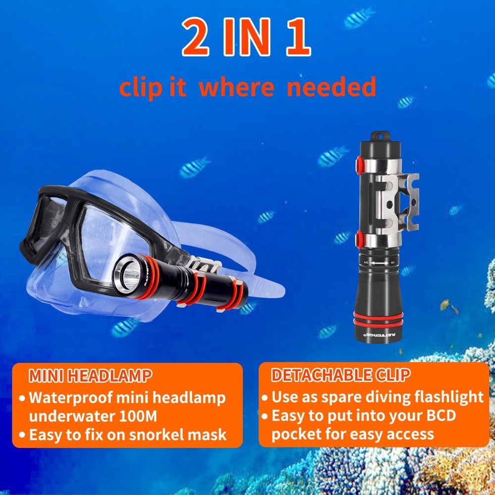 D2A Diving Flashlight Mini Scuba Dive Headlamp Underwater 100M Backup (Black)