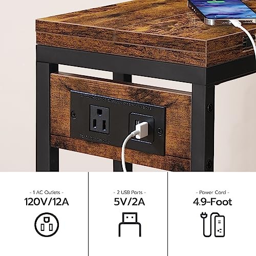 C Shaped Side Table with Charging Station, Foldable End Table with Fabric