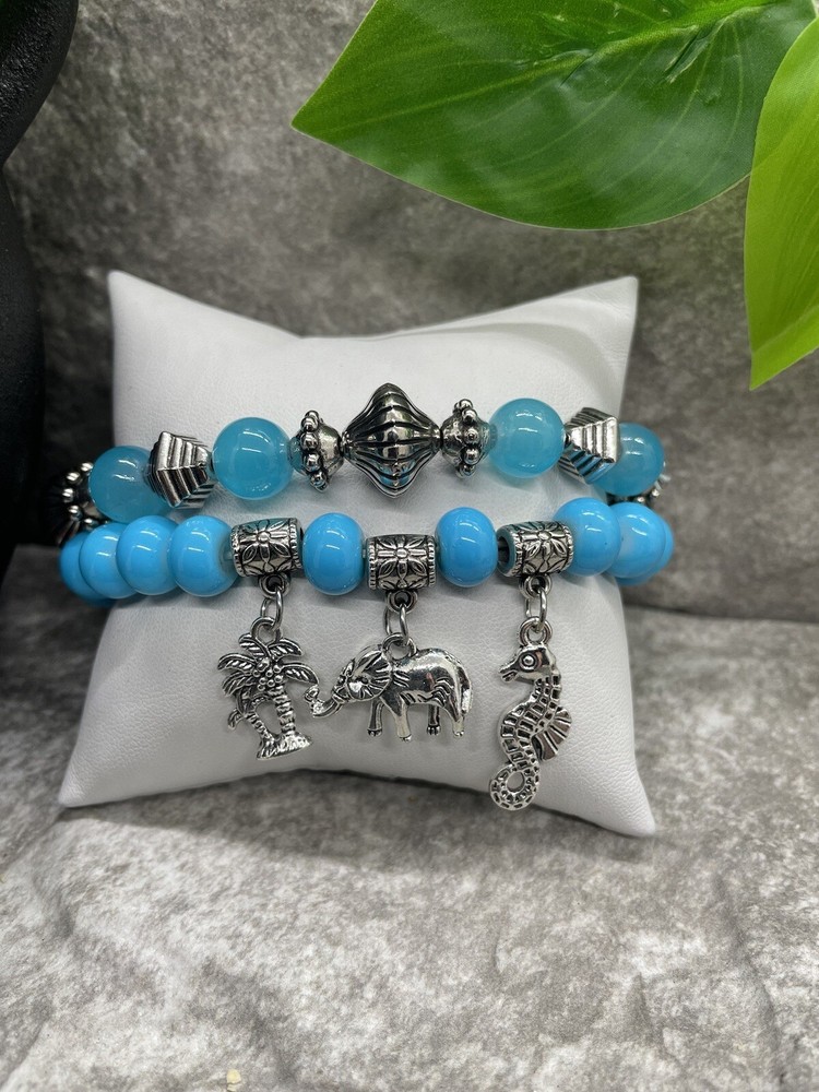 2 PC Handmade Boho Beaded Stackable 8” Plus Stretch Bracelet Set New B1240