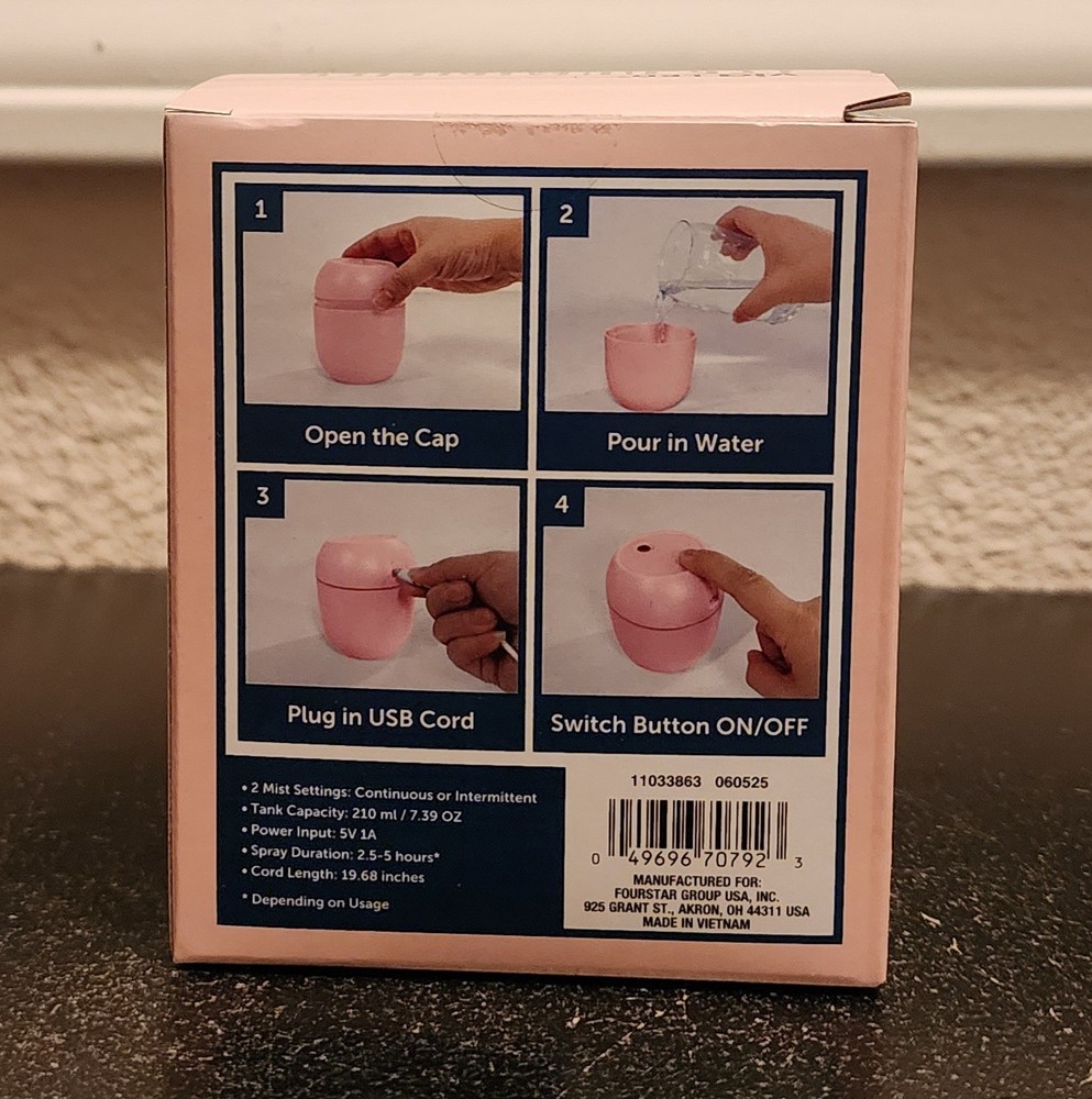 Pink LED Mini Humidifier With Micro USB Cable