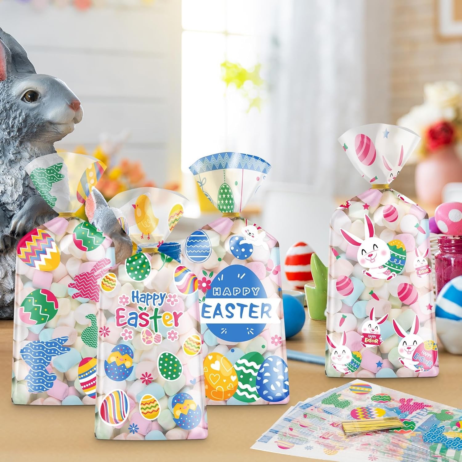 100 Pcs Easter Treat Bags - Happy Easter Gift Bag, Easters Eggs Plastic Cellopha