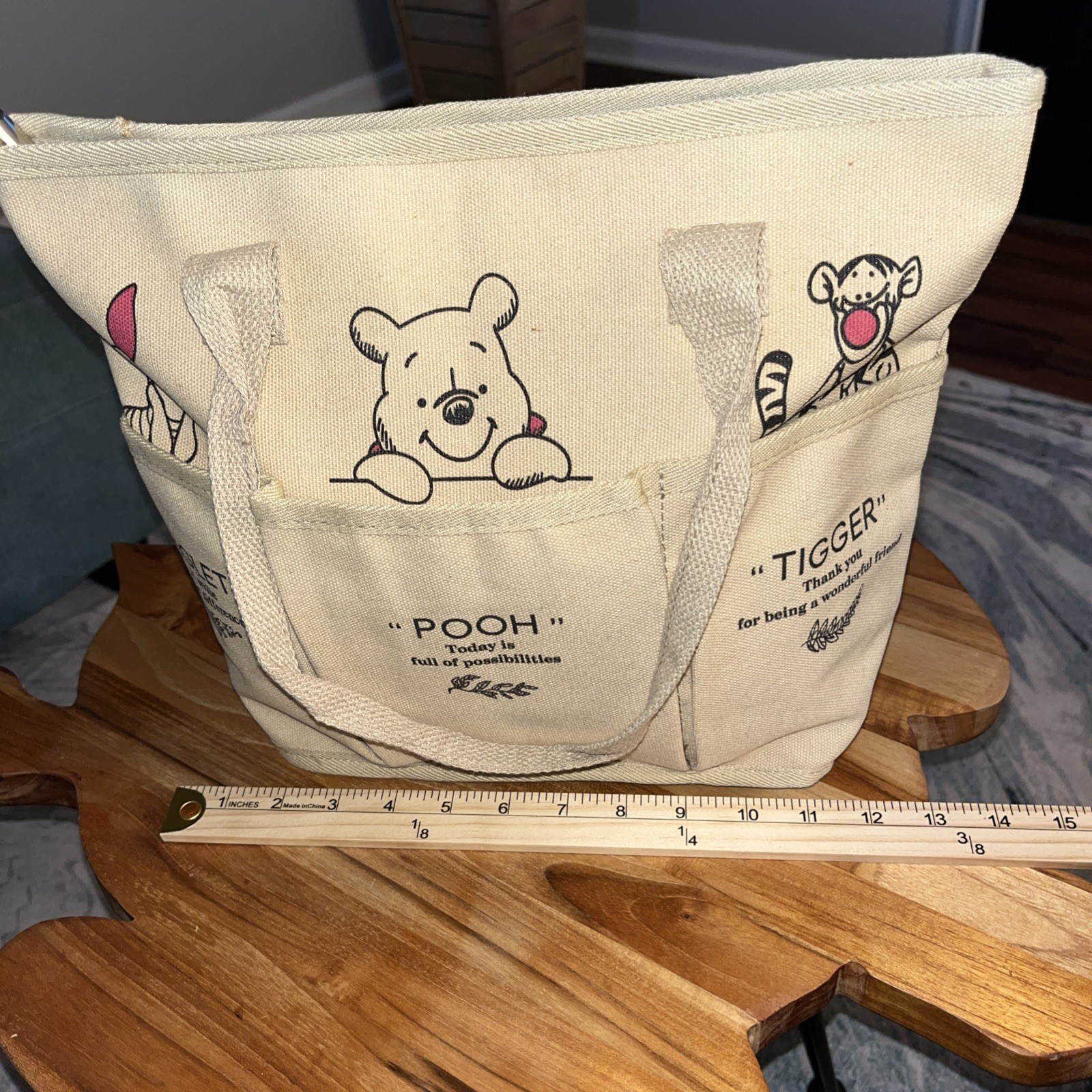 Winnie The Pooh Piglet Tigger Canvas Tote Bag Purse with Zipper & Pockets