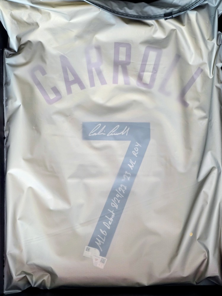 CORBIN CARROLL Under Wraps Signed Jersey Inscribed "MLB DEBUT" "NL ROY"
