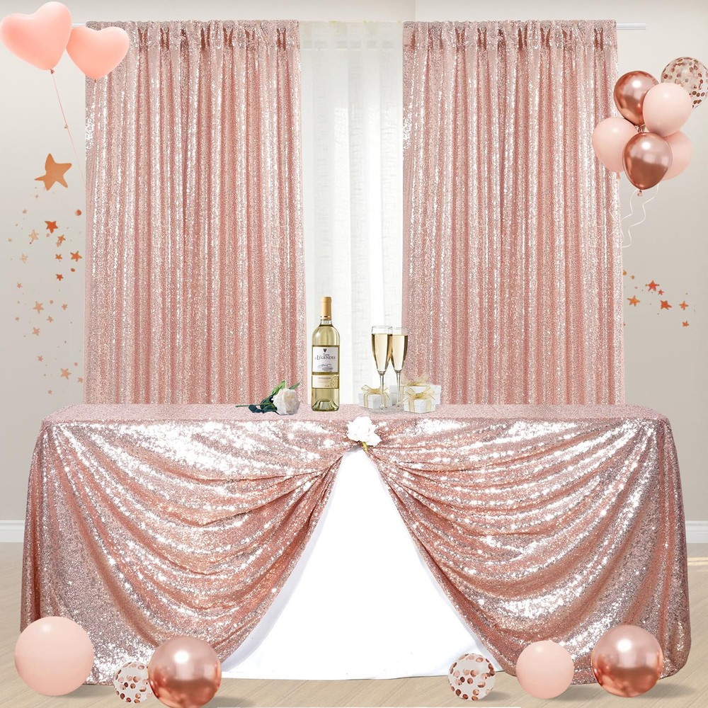 Rose Gold Sequin Backdrop 2 Panels Sequin Backdrop Curtain 2FTx8FT Sequin Cur...