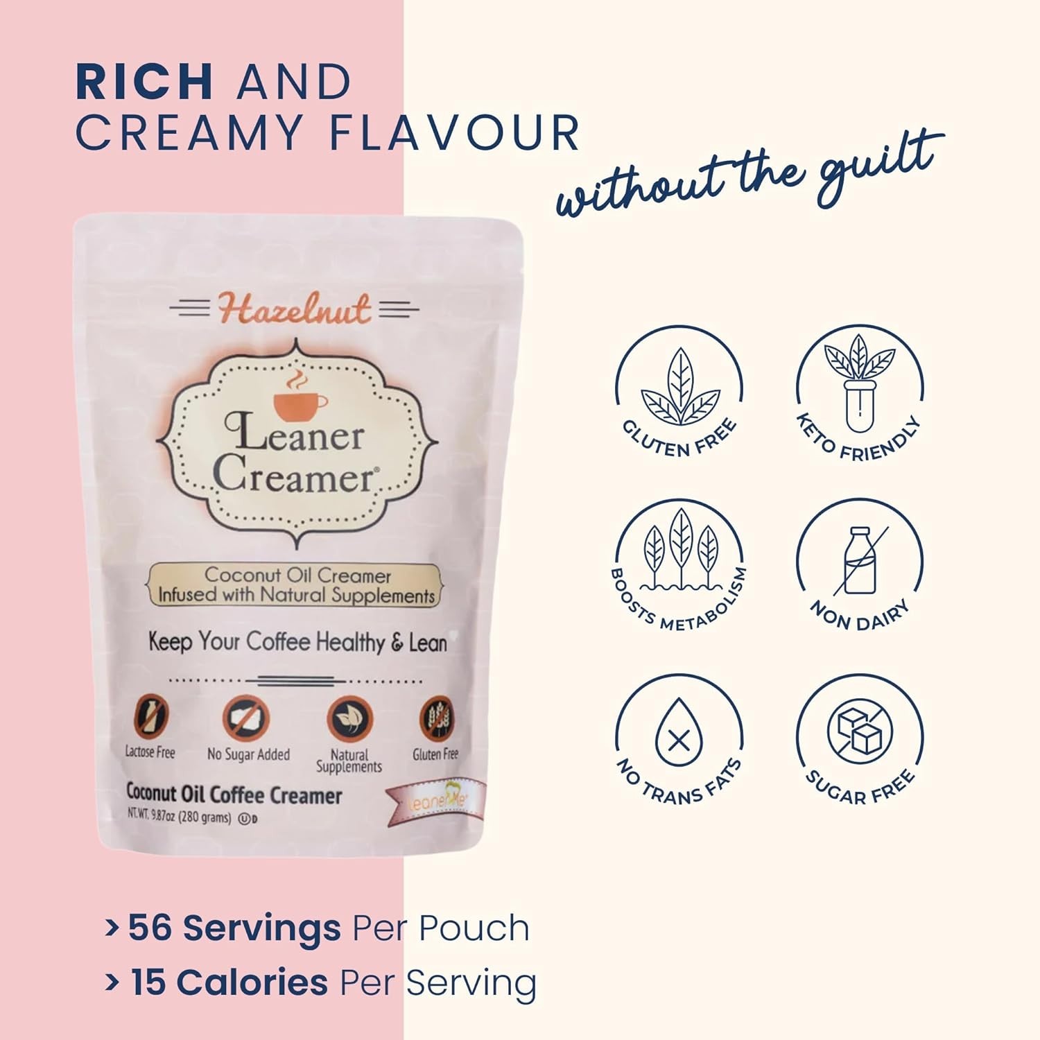 Leaner Creamer, Coconut Oil Coffee Creamer, Hazelnut Flavored , 9.87 oz (280 g)