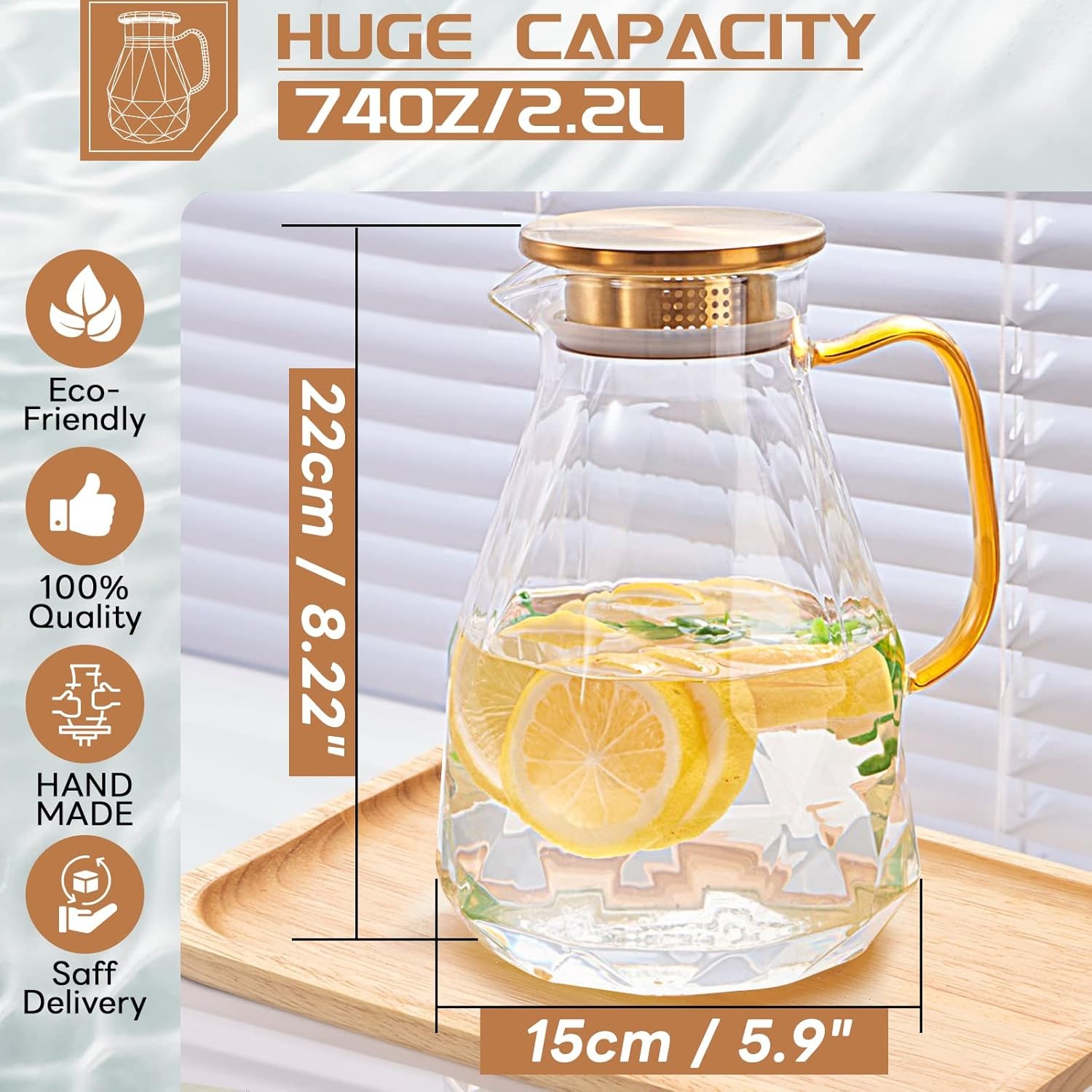 Glass Pitcher, 2.2 Liter Water Pitcher With Lid,Iced Tea Pitcher for Fridge