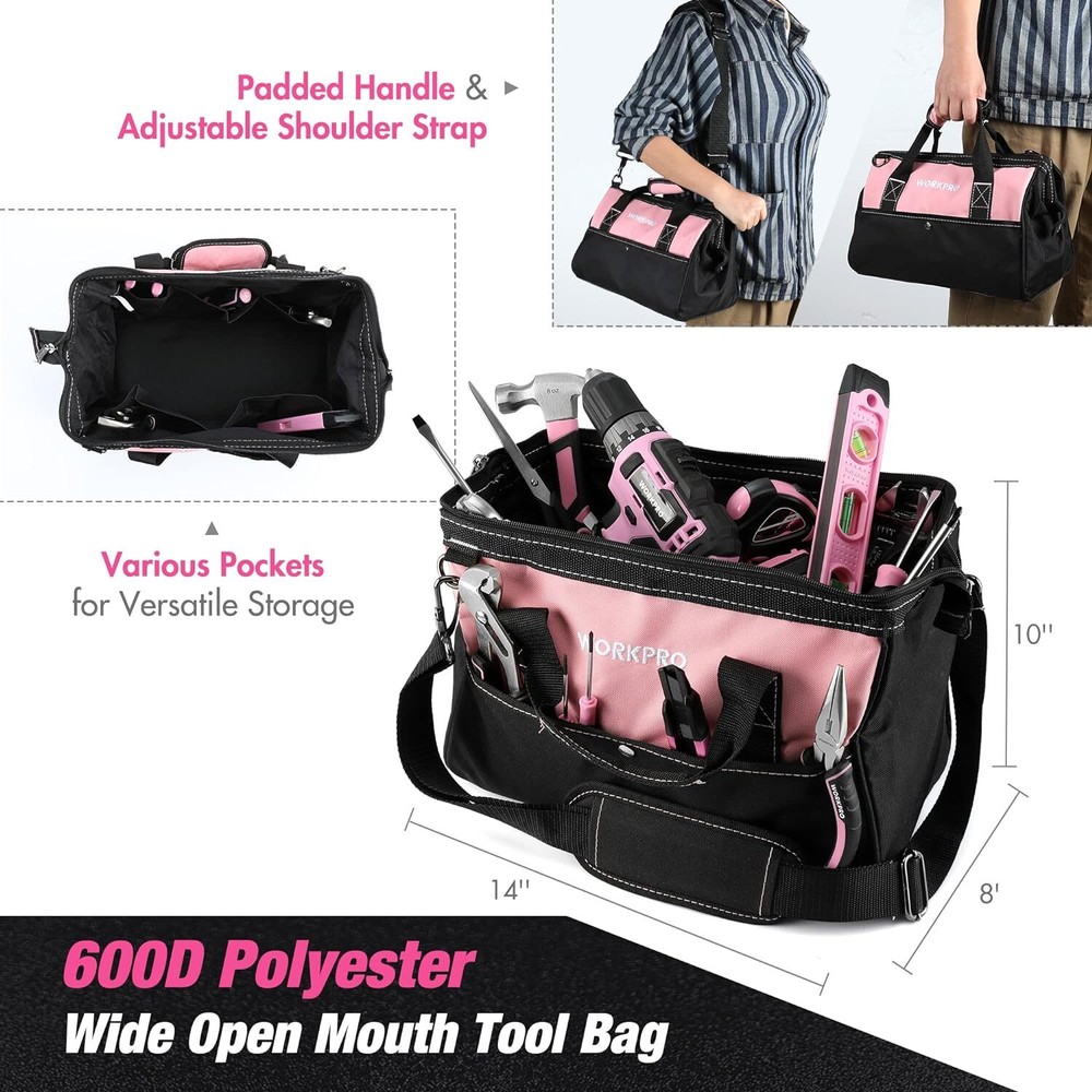 WORKPRO 157PC Hand Tool Set 20V Cordless Drill Driver Home Tool Kit US Pink/Grey