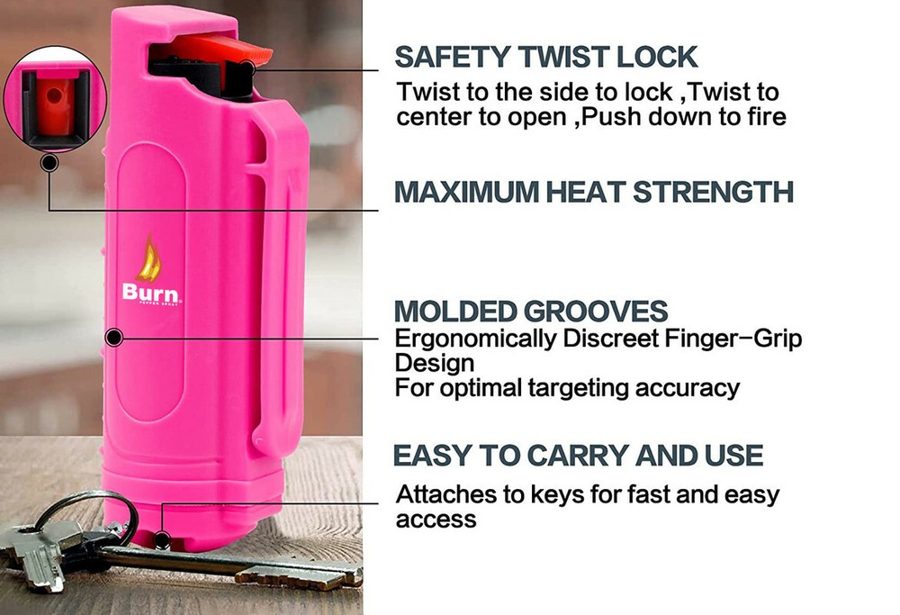 BURN Pepper Spray Keychain Self Defense 1/2oz Pink Security Case Molded - 2 PACK