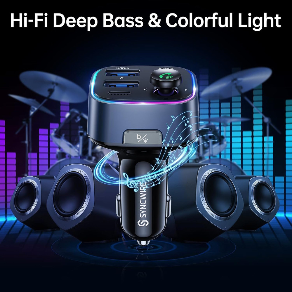 Bluetooth 5.3 FM Transmitter Car Adapter 48W(PD 36W & 12W) [Light Switch] [Hi-Fi