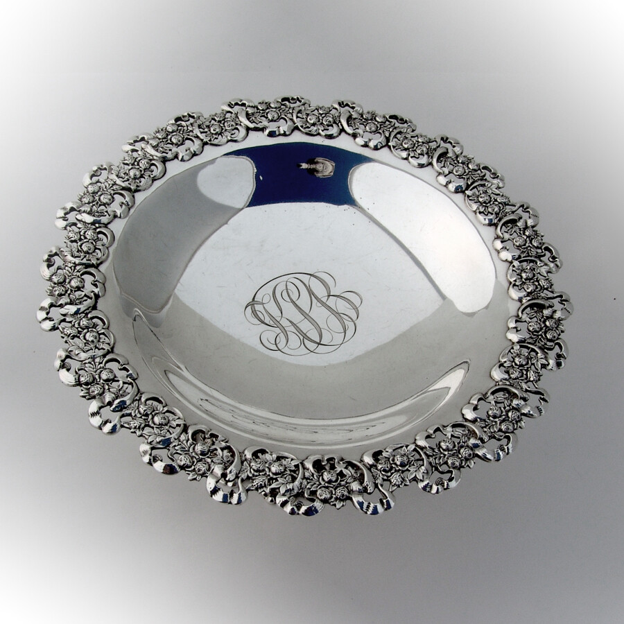 Openwork Rose Ribbon Compote Durgin Sterling Silver 1900 Mono KSB