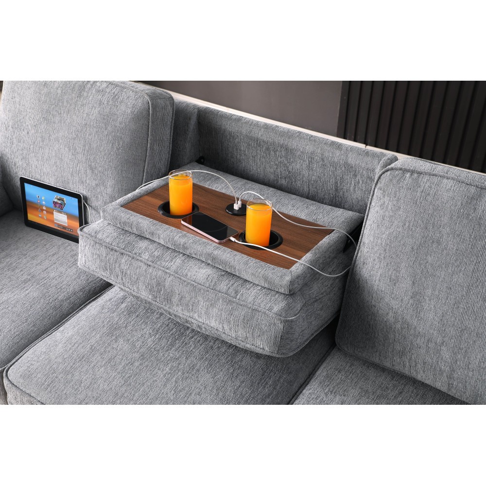 Light Gray 91"W Reversible Sleeper Sectional Chenille Storage Chaise & Table