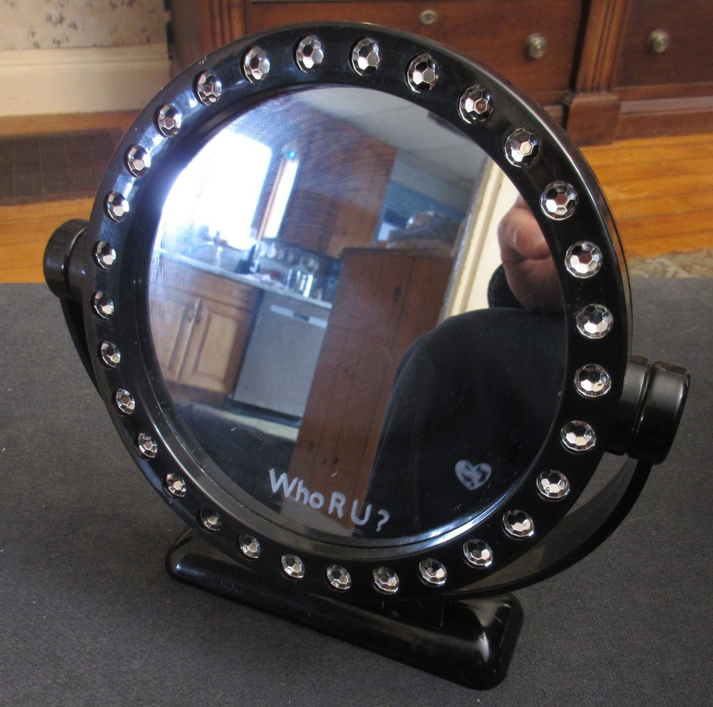 Two-Sided "Who R U?" Makeup Mirror- Black with Bling