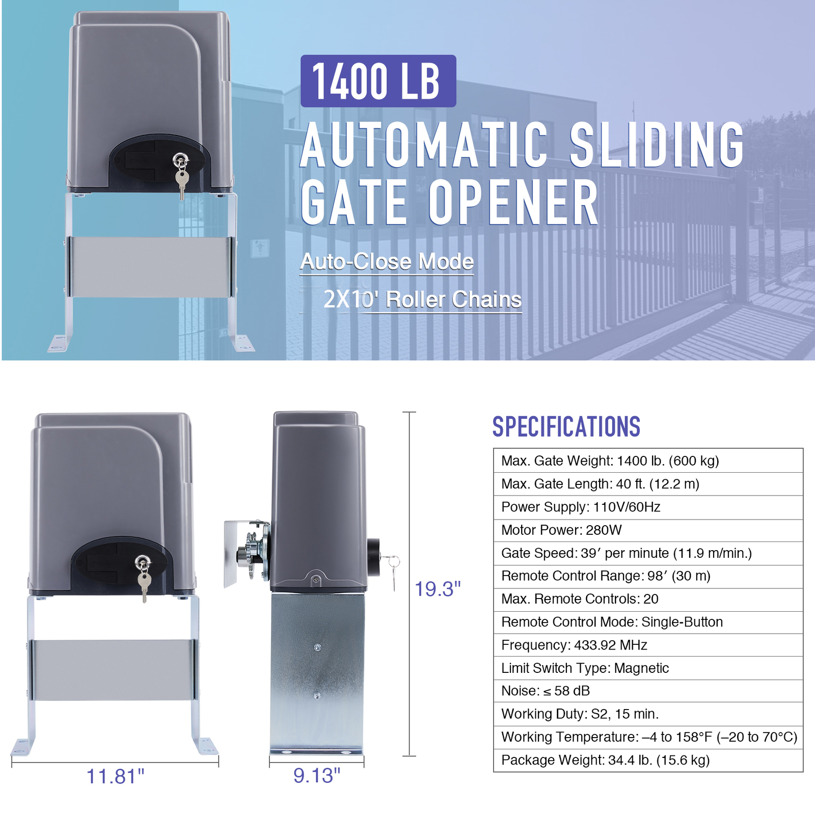 Automatic Sliding Slide Gate Opener Hardware Driveway 1400LBS Door Operator Kit